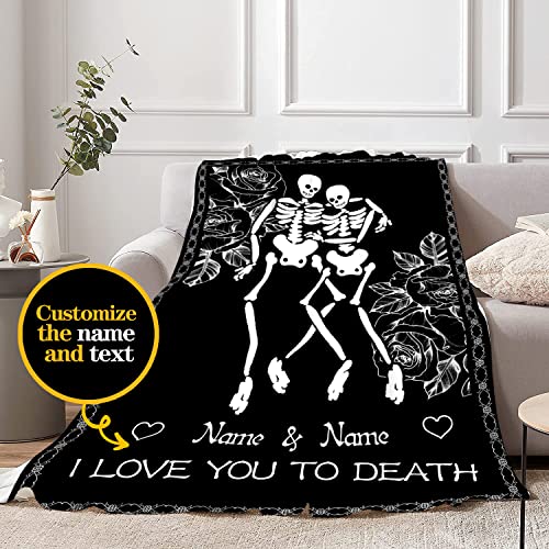 Custom Name Blanket, Personalized Skeleton Flannel Throw Blankets: Love You to Death Blanket, Spooky Skull Blanket, Wedding or Anniversary Present, Halloween Goth Wedding Valentines Day Gift 50"x40"