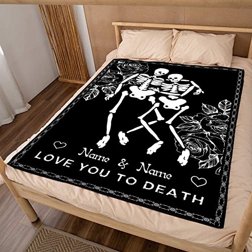 Custom Name Blanket, Personalized Skeleton Flannel Throw Blankets: Love You to Death Blanket, Spooky Skull Blanket, Wedding or Anniversary Present, Halloween Goth Wedding Valentines Day Gift 50"x40"