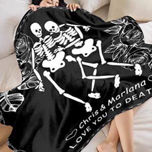 Custom Name Blanket, Personalized Skeleton Flannel Throw Blankets: Love You to Death Blanket, Spooky Skull Blanket, Wedding or Anniversary Present, Halloween Goth Wedding Valentines Day Gift 50"x40"