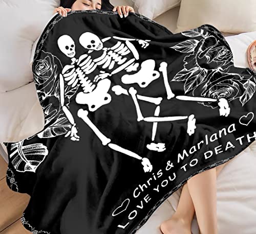 Custom Name Blanket, Personalized Skeleton Flannel Throw Blankets: Love You to Death Blanket, Spooky Skull Blanket, Wedding or Anniversary Present, Halloween Goth Wedding Valentines Day Gift 50"x40"