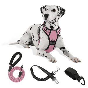 furryfection no pull vest harness, reflective with leash no choke soft padded, adjustable front lead dog harnesses with seat belt for small medium large dogs, pink, l