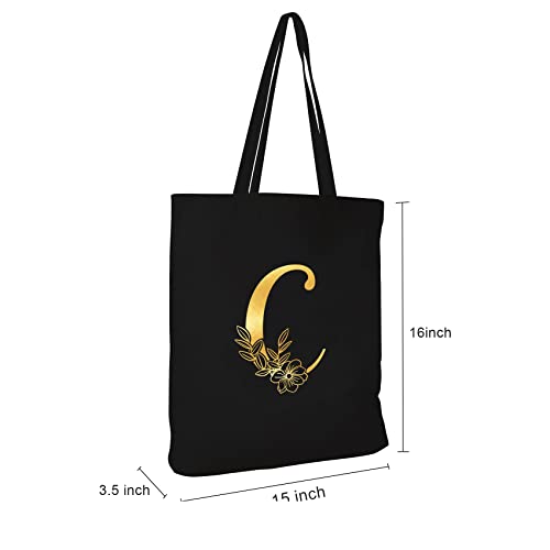 CARAKNOTS Initial C Tote Bag for Women Monogrammed Canvas Tote Bag for Women Mom Teacher Friends Personalized Gifts for Birthday Wedding Beach Shopping Bag Black