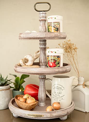 SensaCasa 3 Tier Tray - Farmhouse Three Tiered Tray Vintage – Rustic Brown Wooden 3 Tiered Tray Stand – 3 Tier Serving Trays - Farmhouse Kitchen Decor – Wood stand Deluxe Edition
