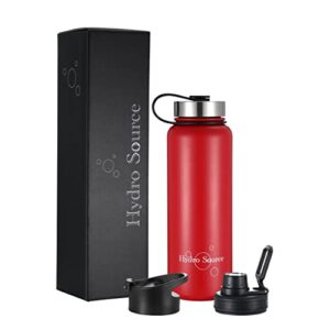 hydro source reusable water bottle. raspberry 40oz, stainless steel, leak proof, triple vacuum insulated, wide mouth, comes with 3 lids, dishwasher safe, bpa free, non toxic, raspberry red