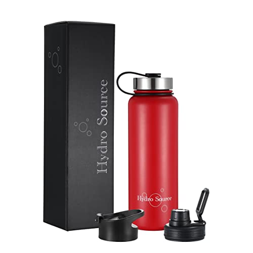 Hydro Source reusable water bottle. Raspberry 40oz, stainless steel, leak proof, triple vacuum insulated, wide mouth, comes with 3 lids, dishwasher safe, BPA free, non toxic, Raspberry Red