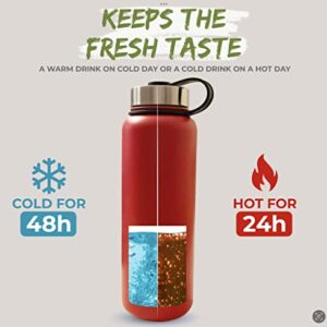 Hydro Source reusable water bottle. Raspberry 40oz, stainless steel, leak proof, triple vacuum insulated, wide mouth, comes with 3 lids, dishwasher safe, BPA free, non toxic, Raspberry Red