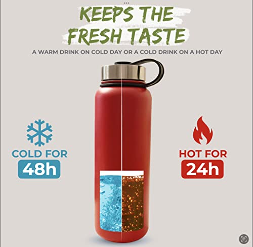 Hydro Source reusable water bottle. Raspberry 40oz, stainless steel, leak proof, triple vacuum insulated, wide mouth, comes with 3 lids, dishwasher safe, BPA free, non toxic, Raspberry Red