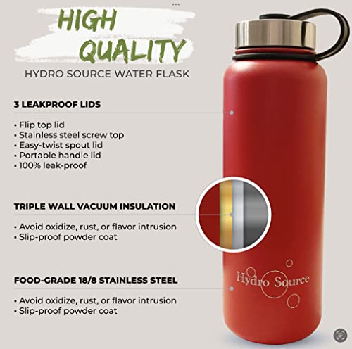 Hydro Source reusable water bottle. Raspberry 40oz, stainless steel, leak proof, triple vacuum insulated, wide mouth, comes with 3 lids, dishwasher safe, BPA free, non toxic, Raspberry Red