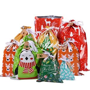 drawstrings christmas gift bags assorted sizes, 34pcs holiday gift bag bulk christmas bags for gifts, reusable plastic xmas presents wrapping bags favor goody bags jumbo/extra large/medium/small size