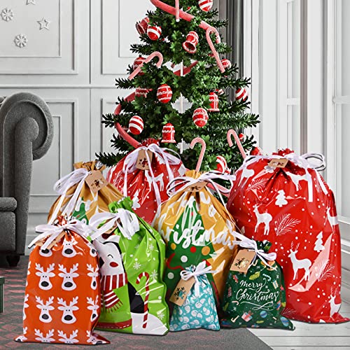 Drawstrings Christmas Gift Bags Assorted Sizes, 34Pcs Holiday Gift Bag Bulk Christmas Bags For Gifts, Reusable Plastic Xmas Presents Wrapping Bags Favor Goody Bags Jumbo/Extra Large/Medium/Small Size