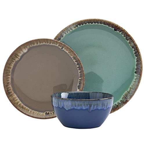 Tabletops Gallery Tuscan Reactive Glaze Stoneware- Dining Entertainment Plate Bowl Ceramic, 12 Piece Tuscan Dinnerware Set (Blue, Green, and Brown)