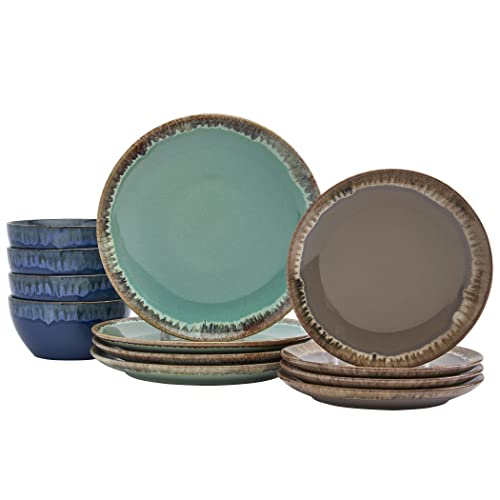 Tabletops Gallery Tuscan Reactive Glaze Stoneware- Dining Entertainment Plate Bowl Ceramic, 12 Piece Tuscan Dinnerware Set (Blue, Green, and Brown)