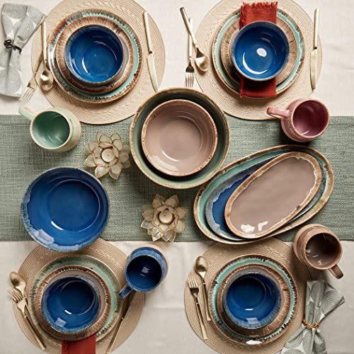 Tabletops Gallery Tuscan Reactive Glaze Stoneware- Dining Entertainment Plate Bowl Ceramic, 12 Piece Tuscan Dinnerware Set (Blue, Green, and Brown)