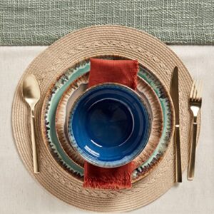 Tabletops Gallery Tuscan Reactive Glaze Stoneware- Dining Entertainment Plate Bowl Ceramic, 12 Piece Tuscan Dinnerware Set (Blue, Green, and Brown)