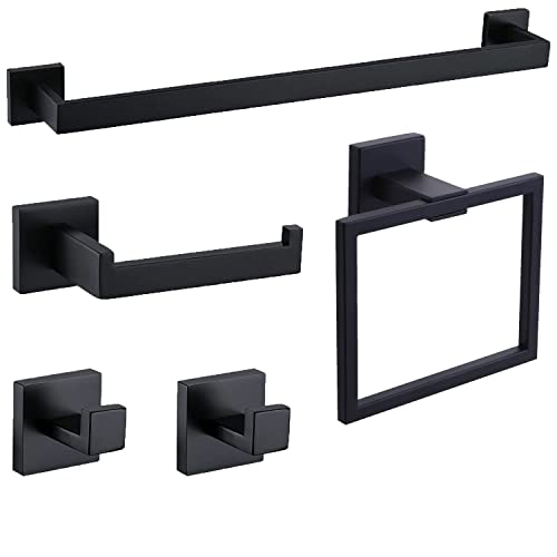 Ntipox 5 Piece Stainless Steel Matte Black Bathroom Hardware Accessories Set Include 23.6 Inch Towel Bar Set Matte Black, Towel Rack Set Bathroom Accessories Set Black