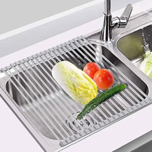roll up dish drying rack, 17" x 15.7 multipurpose foldable sink drying rack, heat-resistant anti-slip stainless steel & silicone wrapped, for over the sink