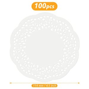 DEFUTAY 100 Pack Round Paper Doilies,White Lace Placemats for Cakes,Fried Food,Grilled,Baked Treats（4.5 In）