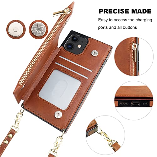 Bocasal Crossbody Wallet Case for iPhone 12/12 Pro with Card Holder,Zipper Card Slot Protector Shockproof Purse Cover with Removable Cross Body Strap 6.1 Inch(Brown)