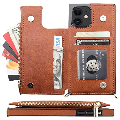 Bocasal Crossbody Wallet Case for iPhone 12/12 Pro with Card Holder,Zipper Card Slot Protector Shockproof Purse Cover with Removable Cross Body Strap 6.1 Inch(Brown)