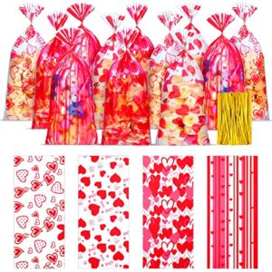 200 Pieces Valentine Cellophane Treat Bags Valentine's Day Plastic Heart Bags Candy Goodies Gift Bags and 200 Pieces Gold Twist Ties for Valentine Party Supplies