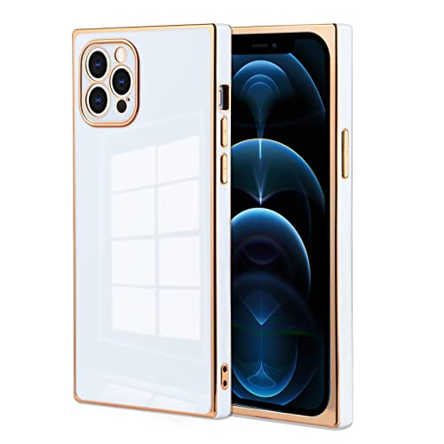 OOK Compatible with iPhone 13 Pro Max Case Square Cute Gold Plating Reinforced Corners Soft TPU Edge Slim Full-Body Shockproof Protective Case Cover for iPhone 13 Pro Max 6.7 Inch - White