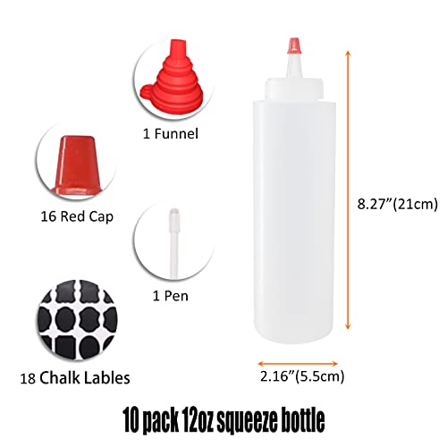 Belinlen 10 Pack 12-Ounce Plastic Squeeze Squirt Condiment Bottles with Red Tip Caps - Good for Condiments, Oil, Icing, Crafts, Art, Glue, Multi Purpose