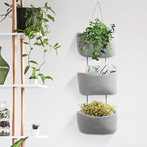 TeoKJ Over the Door Organizer, 3-Tier Woven Cotton Hanging Kitchen Baskets Storage Organizer Bag with Hooks Wall-Mounted Decorative Rope Baskets - Gray