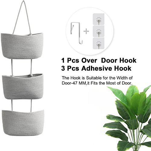 TeoKJ Over the Door Organizer, 3-Tier Woven Cotton Hanging Kitchen Baskets Storage Organizer Bag with Hooks Wall-Mounted Decorative Rope Baskets - Gray