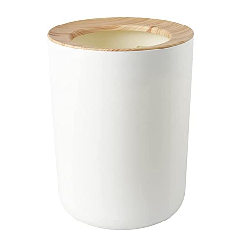 ETRAVEL Storage Box with Lid, Bin Made of Bamboo and Plastic, Bathroom Storage Pot Cosmetics Make-Up, Round Plastic Cotton Bud Cotton Pad Holder for the Bathroom--12L (White wood grain cover)