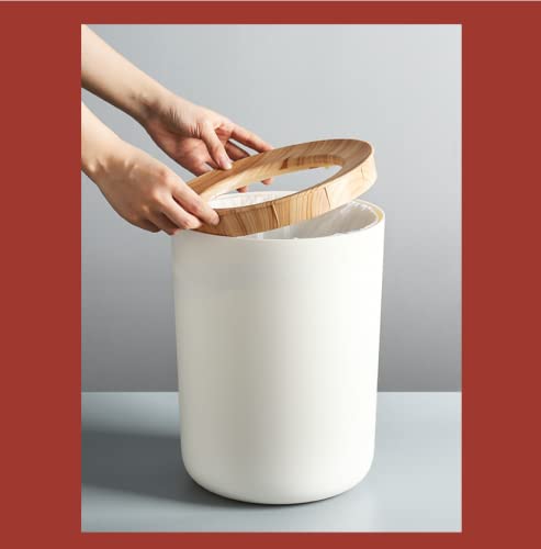 ETRAVEL Storage Box with Lid, Bin Made of Bamboo and Plastic, Bathroom Storage Pot Cosmetics Make-Up, Round Plastic Cotton Bud Cotton Pad Holder for the Bathroom--12L (White wood grain cover)