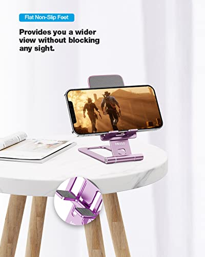 MEISO Cell Phone Stand, Fully Foldable Phone Holder for Desk, Desktop Mobile Phone Cradle Dock Compatible with iPhone, Samsung Galaxy, iPad Mini, Tablets Up to 10” (Lilac Purple)