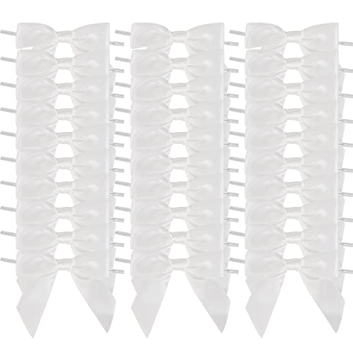 AIMUDI White Satin Ribbon Twist Tie Bows 3.5" Pretied Bows Premade Craft Bows for Treat Bags Cake Pop Gift Wrapping Basket Wedding Favors Cookie Candy Bagging Baby Shower - 50 Counts