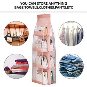 2 Pack Hanging Purse Handbag Organizer,Thickened Oxford Cloth+PVC Hanging Purse Organizer Handbag Storage Hanger Organizer 8 Clear Pockets ,Wardrobe Closet Space Saving Organizers,Washable(Pink+Grey)