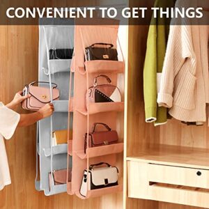 2 Pack Hanging Purse Handbag Organizer,Thickened Oxford Cloth+PVC Hanging Purse Organizer Handbag Storage Hanger Organizer 8 Clear Pockets ,Wardrobe Closet Space Saving Organizers,Washable(Pink+Grey)