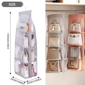 2 Pack Hanging Purse Handbag Organizer,Thickened Oxford Cloth+PVC Hanging Purse Organizer Handbag Storage Hanger Organizer 8 Clear Pockets ,Wardrobe Closet Space Saving Organizers,Washable(Pink+Grey)