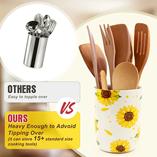 Utensil Holder, Nefelibata Sunflower Ceramic Utensil Crock Kitchen Storage Pottery Spatula Canisters for Hearth Countertop Organizer Spoon Rest Modern Farmhouse Cooking Tools Gift