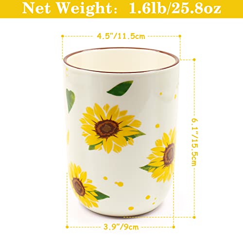 Utensil Holder, Nefelibata Sunflower Ceramic Utensil Crock Kitchen Storage Pottery Spatula Canisters for Hearth Countertop Organizer Spoon Rest Modern Farmhouse Cooking Tools Gift