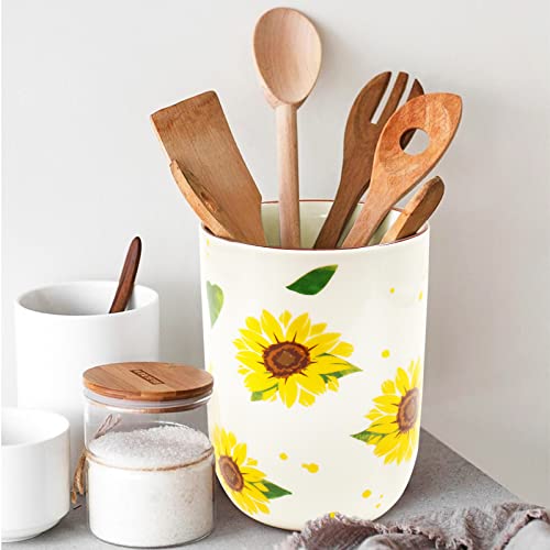 Utensil Holder, Nefelibata Sunflower Ceramic Utensil Crock Kitchen Storage Pottery Spatula Canisters for Hearth Countertop Organizer Spoon Rest Modern Farmhouse Cooking Tools Gift