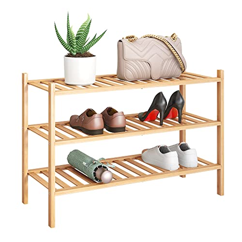 BMOSU 3-Tier Bamboo Shoe Rack Premium Stackable Shoe shelf Storage Organizer For Hallway Closet Living Room Entryway Organizer (Natural Bamboo)