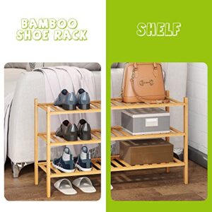 BMOSU 3-Tier Bamboo Shoe Rack Premium Stackable Shoe shelf Storage Organizer For Hallway Closet Living Room Entryway Organizer (Natural Bamboo)