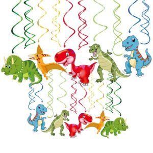 uomnicue dinosaur hanging swirl decorations,30 pcs jurassic dinosaur foil swirls ceiling spiral streamers for kids boys girls birthday baby shower dino party supplies favors home classroom decoration