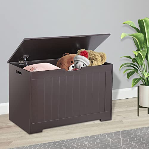 Epetlover Toy Chest for Girls Boys Wooden Storage Box with Flip-top Lid & Safety Hinge, Kids Room Play Room Nursery Organizer, Bedroom Bench with 100L Storing Area, Brown