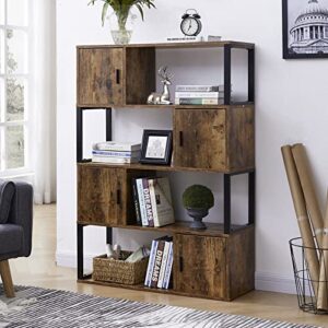 lifusttg bookshelf, rustic 5 shelf bookcase with cabinet and open shelves, industrial wood and metal frame display storage rack for living room, rustic brown