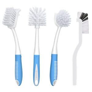 setsail dish brush set of 4 with bottle brush, dish scrub brush with long handle deep cleaning handle brush with scraper tip for kitchen sink dishes bottle cup pot and pans tile lines, blue