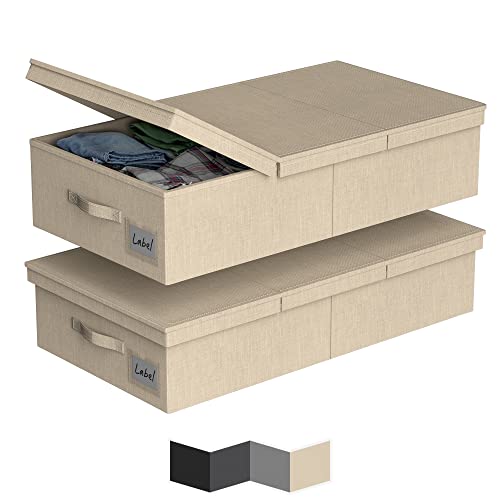 2Pack Under Bed Storage Bins With Lids Carry Handles Linen Fabric Foldable Stackable Sturdy Large Capacity Clothes Organizer for Clothing, Shoes, Blankets, Sweaters, Toys (Beige, 32"*17"*6")