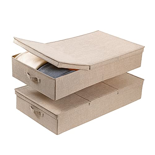 2Pack Under Bed Storage Bins With Lids Carry Handles Linen Fabric Foldable Stackable Sturdy Large Capacity Clothes Organizer for Clothing, Shoes, Blankets, Sweaters, Toys (Beige, 32"*17"*6")