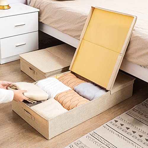 2Pack Under Bed Storage Bins With Lids Carry Handles Linen Fabric Foldable Stackable Sturdy Large Capacity Clothes Organizer for Clothing, Shoes, Blankets, Sweaters, Toys (Beige, 32"*17"*6")