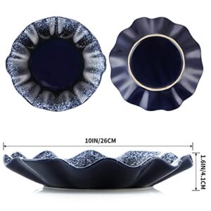 Sanbege Ceramic Decorative Dish, 10" Centerpiece Decor Tray, Jewelry Holder Plate with Ruffle Edge for Entryway, Kitchen, Bedroom, Living Room Decoration (Blue)