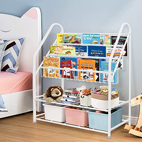 aboxoo Metal Kids Bookshelf Freestanding Bookcase for Children Room 32 in Toy Organizer Large Modern MinimalistWhite Stable Metel Bookstore Bedroom, Living, Library Book Unit Storage