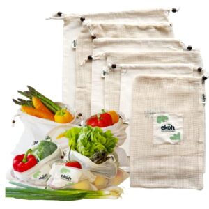 ekoh reusable organic cotton produce bags 6 drawstring bags 3 sizes muslin cotton and mesh (organic cotton and mesh 6 pack)